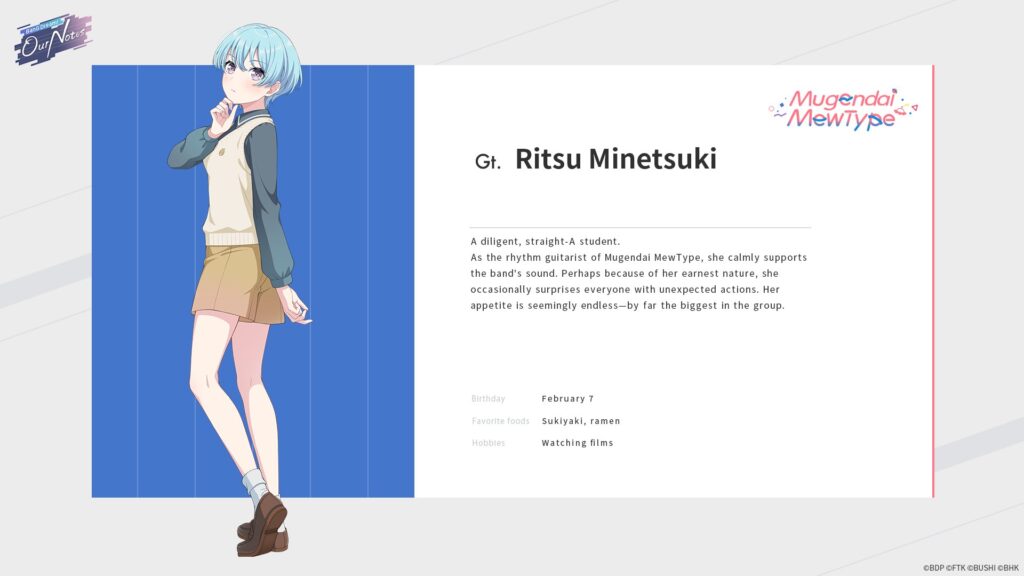 Visual profil karakter Mugendai MewType yang dirilis bersamaan dengan trailer terbaru BanG Dream! Our Notes