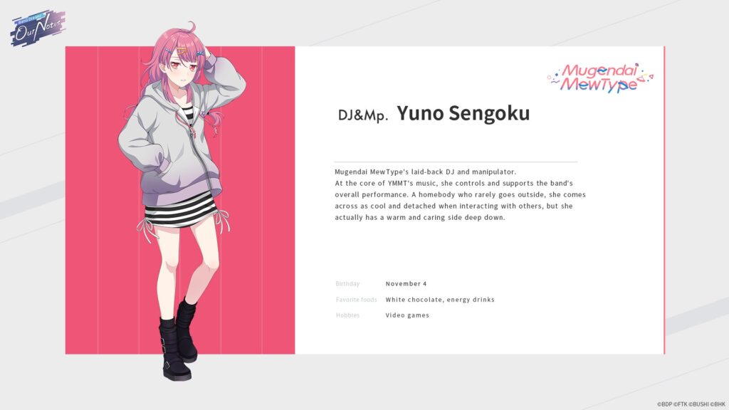 Visual profil karakter Mugendai MewType yang dirilis bersamaan dengan trailer terbaru BanG Dream! Our Notes