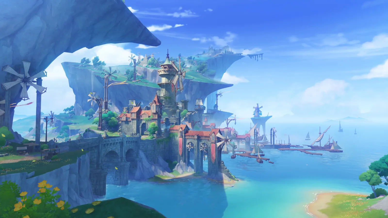 Visual resmi pengenalan area baru Mondstadt yang menampilkan suasana Dermaga Dornman dari ketinggian dengan nuansa angin, laut, dan cakrawala terbuka