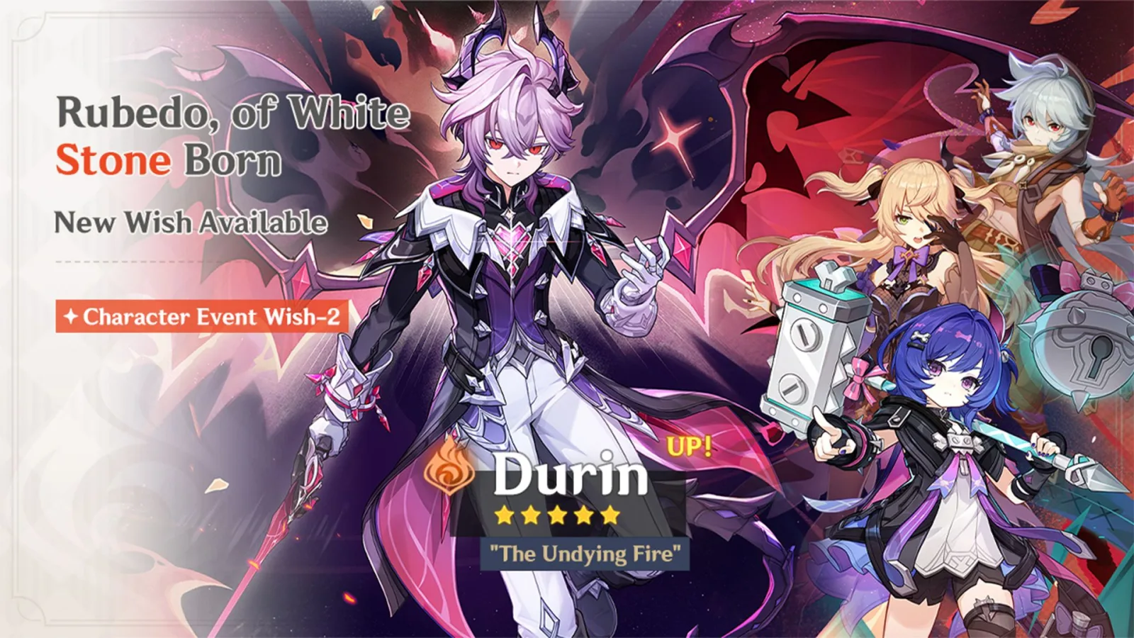 Visual banner rerun Durin di Genshin Impact Luna VII sebagai karakter ★5 berelemen Pyro dengan senjata Sword
