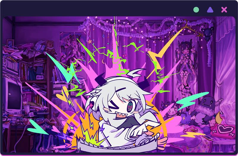 Visual utama YunYun Denpa Syndrome yang menonjolkan Q-chan dan nuansa denpa yang aneh, ceria, dan sedikit kacau